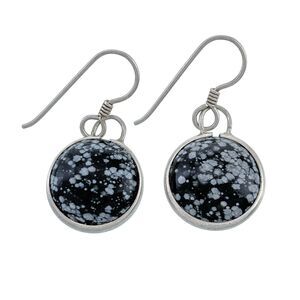 Estate Sterling Silver 925 Black Snowflake Obsidian Disk Dangle Earrings